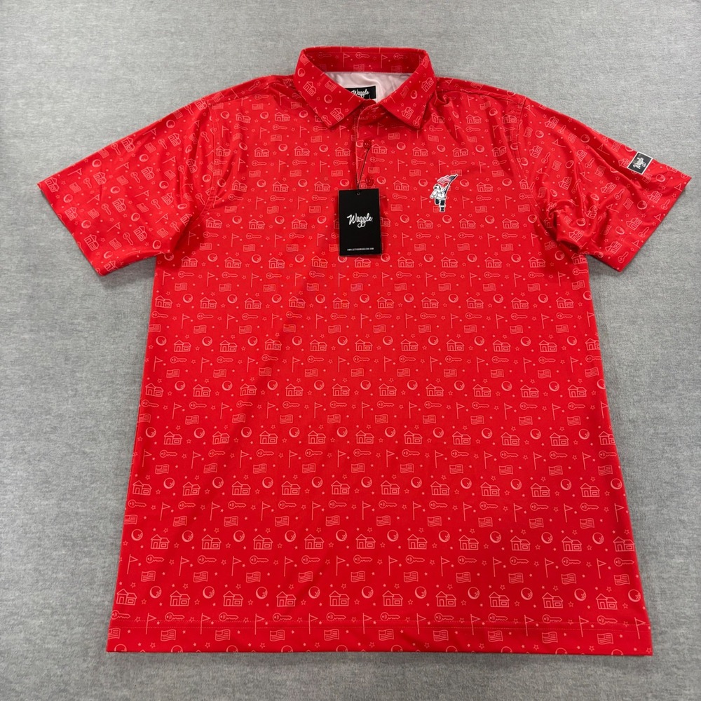 Waggle Mens Golf Polo Shirt Red Firefighter American Flag Print Performance M - Picture 2 of 11